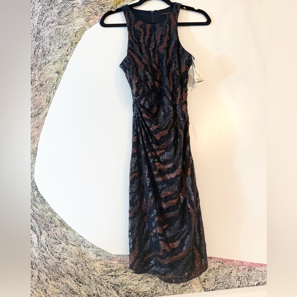 NWT David Meister Brown Black animal pattern sequin shift midi dress 4 - Picture 3 of 4